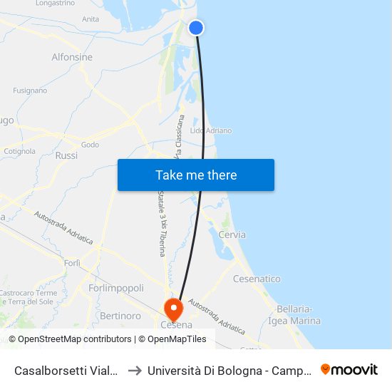 Casalborsetti Viale Al Mare to Università Di Bologna - Campus Di Cesena map