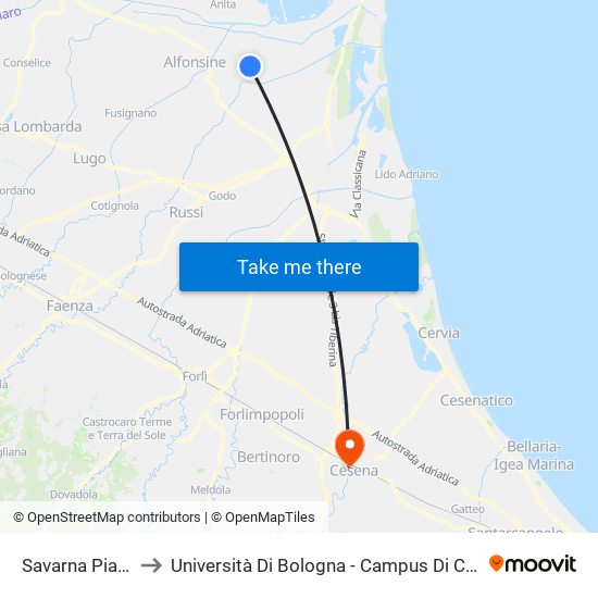 Savarna Piazza to Università Di Bologna - Campus Di Cesena map