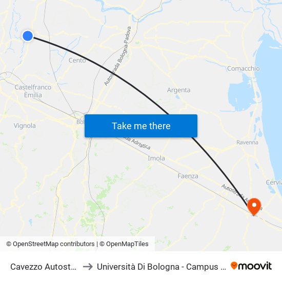 Cavezzo Autostazione to Università Di Bologna - Campus Di Cesena map