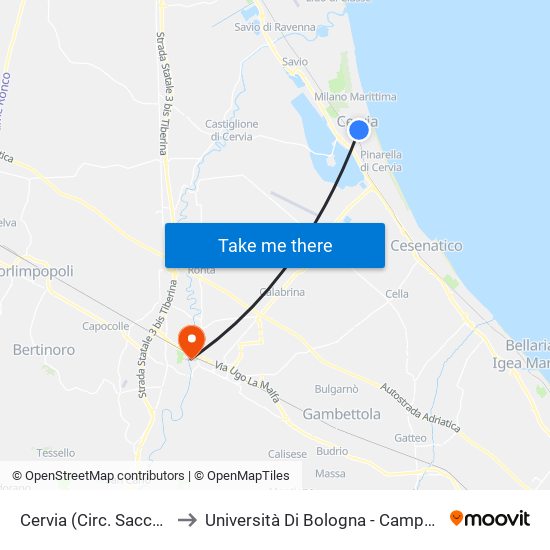 Cervia (Circ. Sacchetti Est) to Università Di Bologna - Campus Di Cesena map