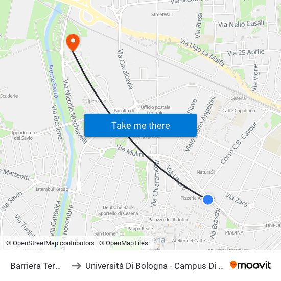 Barriera Terminal to Università Di Bologna - Campus Di Cesena map