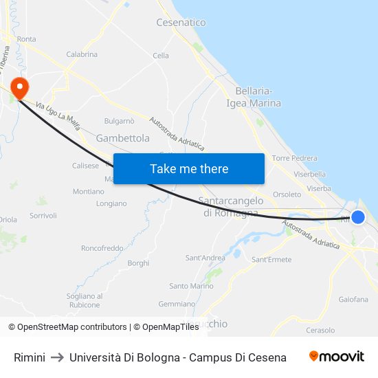 Rimini to Università Di Bologna - Campus Di Cesena map