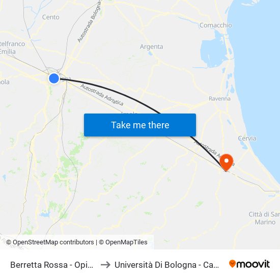 Berretta Rossa - Opificio Golinelli to Università Di Bologna - Campus Di Cesena map