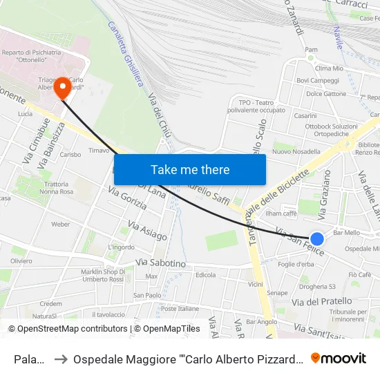 Riva Di Reno - Lame to Ospedale Maggiore "Carlo Alberto Pizzardi" Accesso Principale map