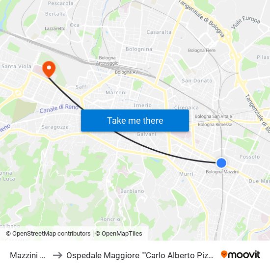 Mazzini Stazione to Ospedale Maggiore ""Carlo Alberto Pizzardi"" Accesso Principale map