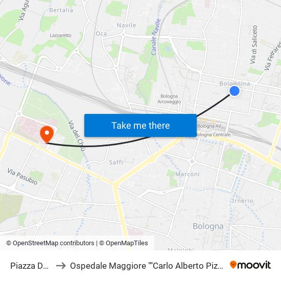 Piazza Dell`Unita` to Ospedale Maggiore ""Carlo Alberto Pizzardi"" Accesso Principale map