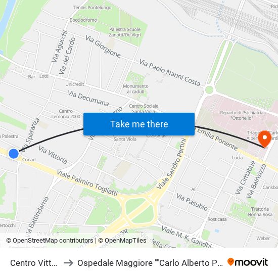Centro Vittoria - Mast to Ospedale Maggiore ""Carlo Alberto Pizzardi"" Accesso Principale map
