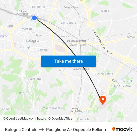 Bologna Centrale to Padiglione A - Ospedale Bellaria map