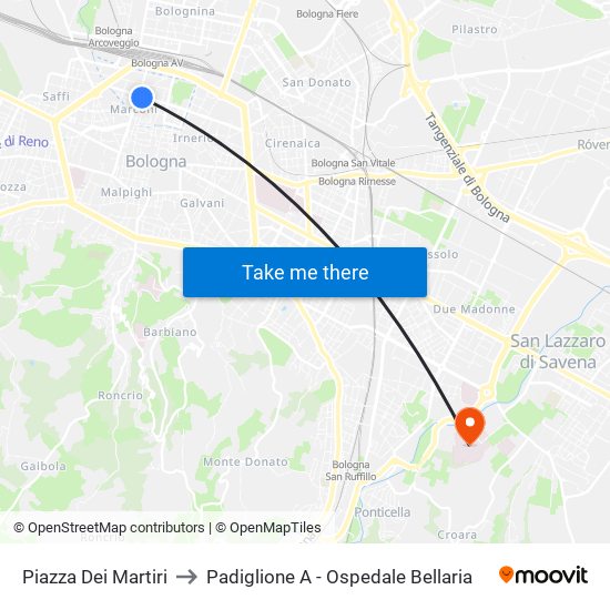 Piazza Dei Martiri to Padiglione A - Ospedale Bellaria map