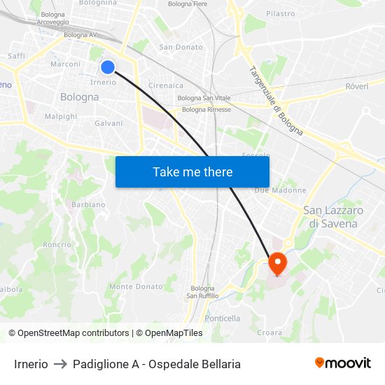 Irnerio to Padiglione A - Ospedale Bellaria map