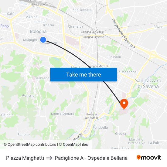 Piazza Minghetti to Padiglione A - Ospedale Bellaria map