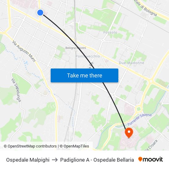 Ospedale Malpighi to Padiglione A - Ospedale Bellaria map