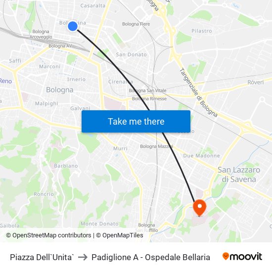 Piazza Dell`Unita` to Padiglione A - Ospedale Bellaria map