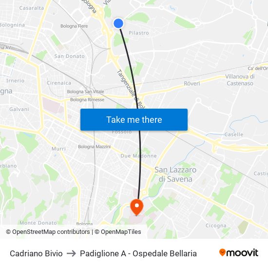 Cadriano Bivio to Padiglione A - Ospedale Bellaria map