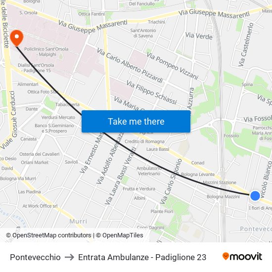 Pontevecchio to Entrata Ambulanze - Padiglione 23 map