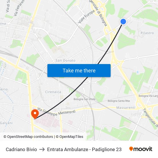 Cadriano Bivio to Entrata Ambulanze - Padiglione 23 map