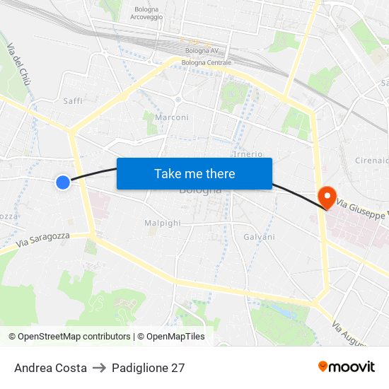 Andrea Costa to Padiglione 27 map