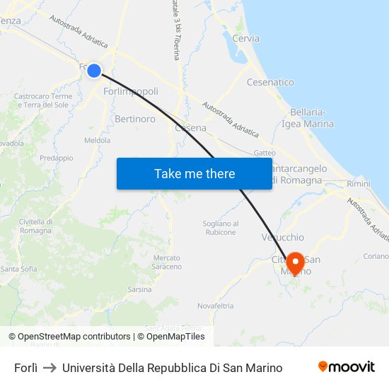 Forlì to Università Della Repubblica Di San Marino map