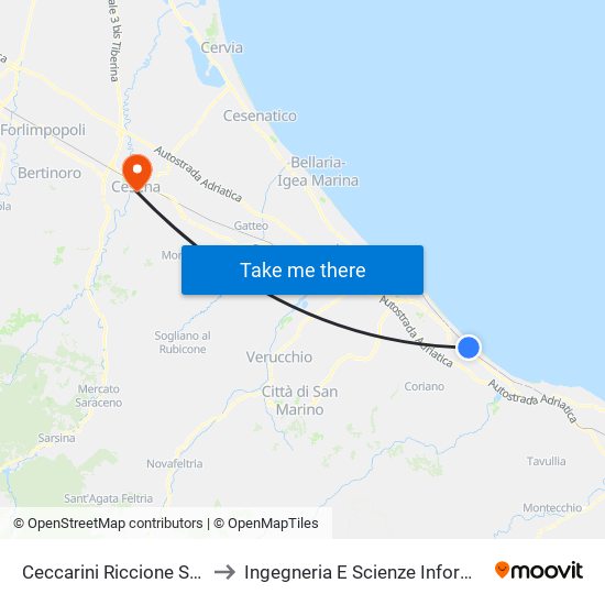 Ceccarini Riccione Station to Ingegneria E Scienze Informatiche map