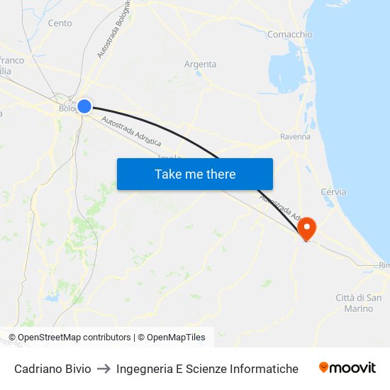 Cadriano Bivio to Ingegneria E Scienze Informatiche map