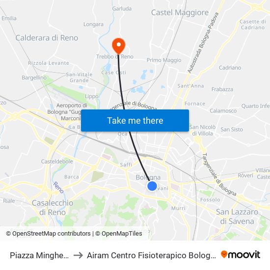Piazza Minghetti to Airam Centro Fisioterapico Bologna map