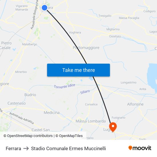 Ferrara to Stadio Comunale Ermes Muccinelli map