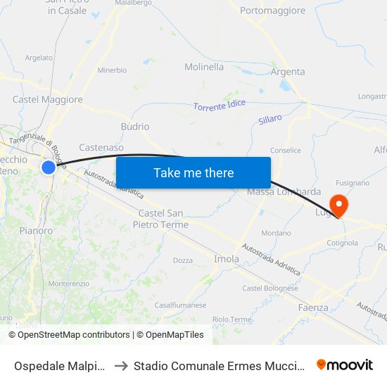 Ospedale Malpighi to Stadio Comunale Ermes Muccinelli map