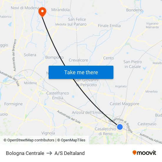 Bologna Centrale to A/S Deltaland map