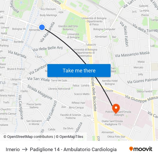 Irnerio to Padiglione 14 - Ambulatorio Cardiologia map