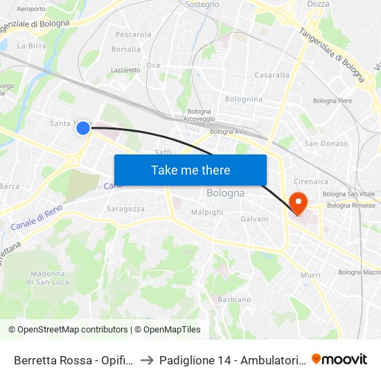 Berretta Rossa - Opificio Golinelli to Padiglione 14 - Ambulatorio Cardiologia map