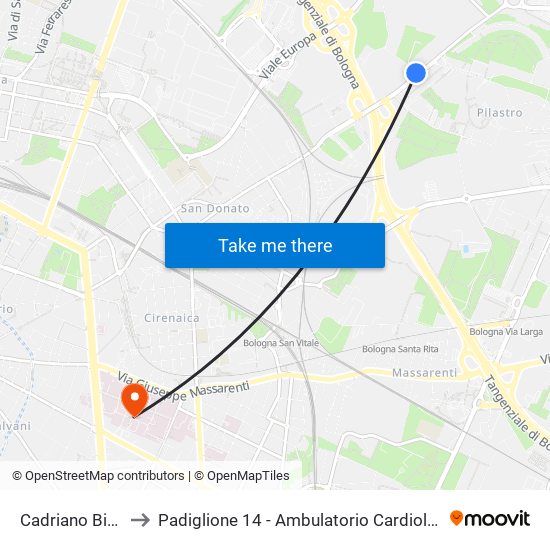 Cadriano Bivio to Padiglione 14 - Ambulatorio Cardiologia map