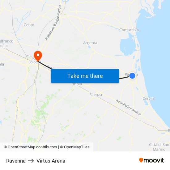 Ravenna to Virtus Arena map