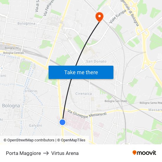 Porta Maggiore to Virtus Arena map