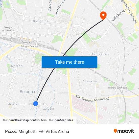 Piazza Minghetti to Virtus Arena map