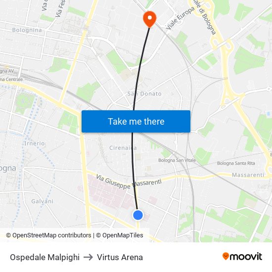 Ospedale Malpighi to Virtus Arena map