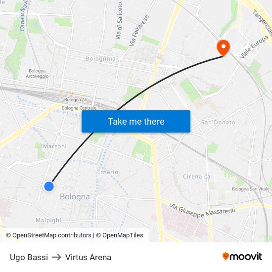 Ugo Bassi to Virtus Arena map