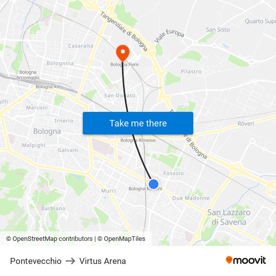 Pontevecchio to Virtus Arena map