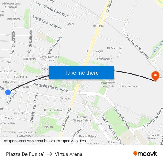 Piazza Dell`Unita` to Virtus Arena map