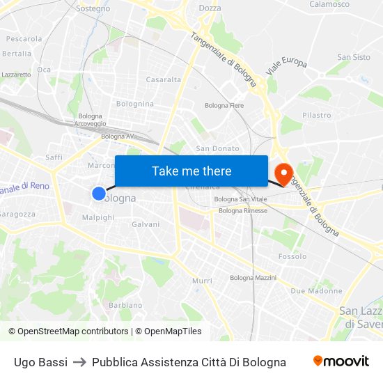 Ugo Bassi to Pubblica Assistenza Città Di Bologna map