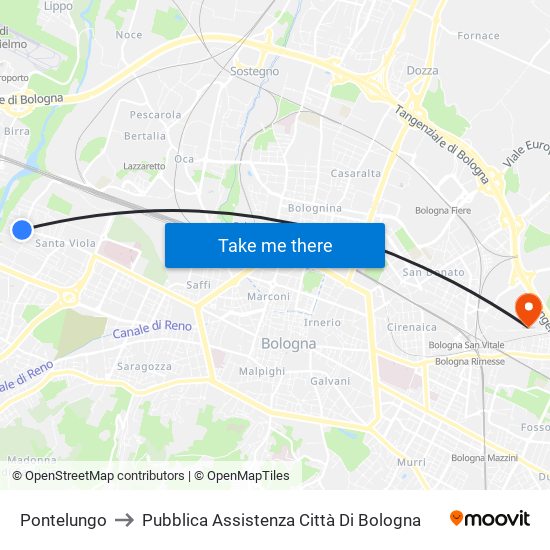 Pontelungo to Pubblica Assistenza Città Di Bologna map
