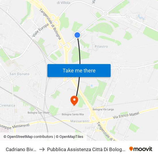 Cadriano Bivio to Pubblica Assistenza Città Di Bologna map