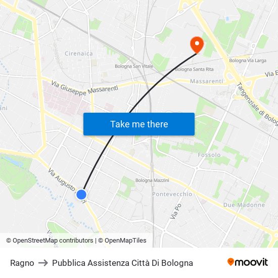 Ragno to Pubblica Assistenza Città Di Bologna map