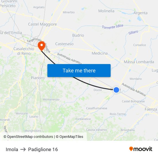 Imola to Padiglione 16 map