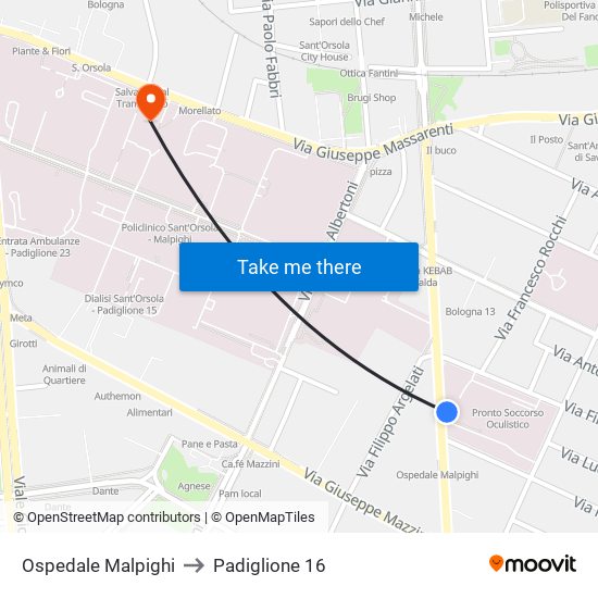 Ospedale Malpighi to Padiglione 16 map