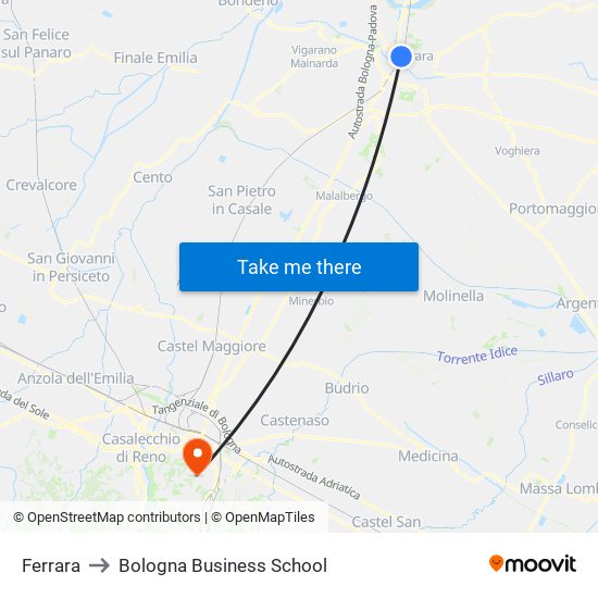 Ferrara to Bologna Business School map