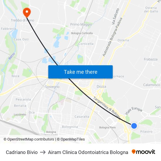 Cadriano Bivio to Airam Clinica Odontoiatrica Bologna map