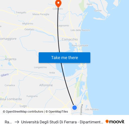 Ravenna to Università Degli Studi Di Ferrara - Dipartimento Di Infermieristica - Sede Di Codigoro map