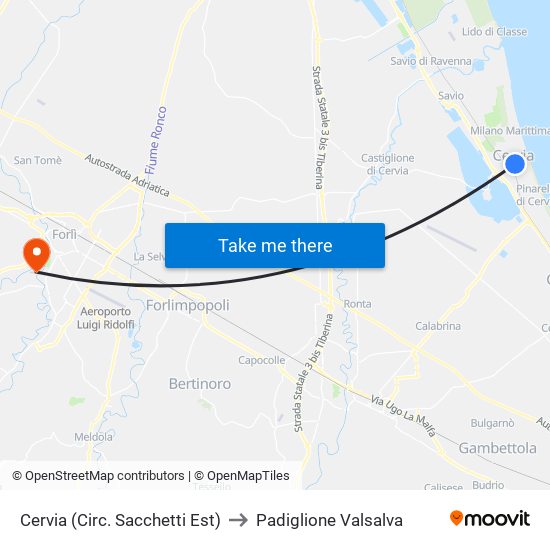 Cervia (Circ. Sacchetti Est) to Padiglione Valsalva map