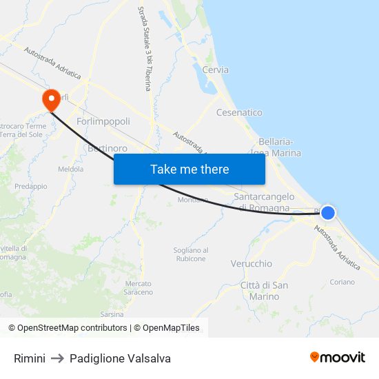 Rimini to Padiglione Valsalva map