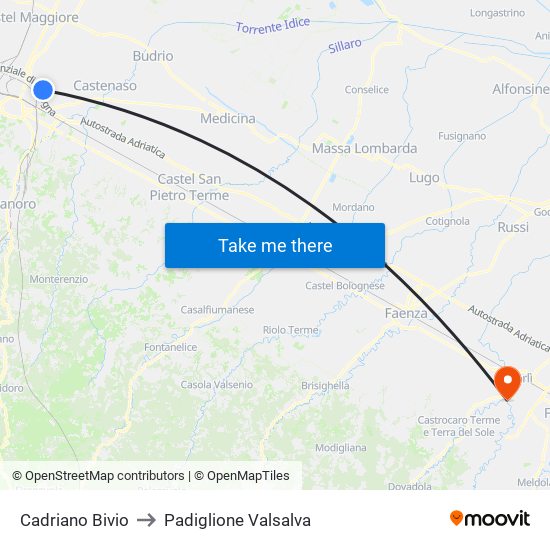 Cadriano Bivio to Padiglione Valsalva map